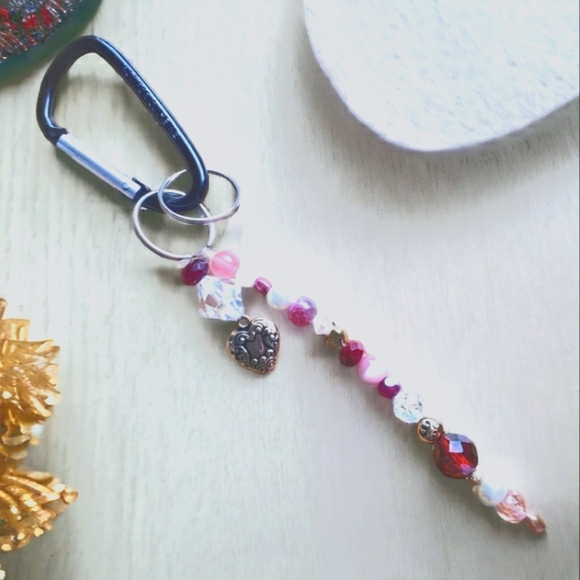 Rose Quartz, Crystal & Gold Handcrafted Keychain w Heart Fob - Picture 1 of 5
